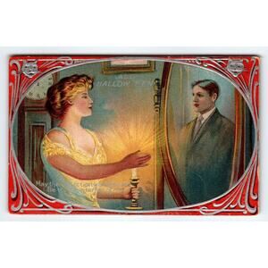 Vintage 1910 Halloween Divided Back Postcard Woman Candle Mirror Reflection